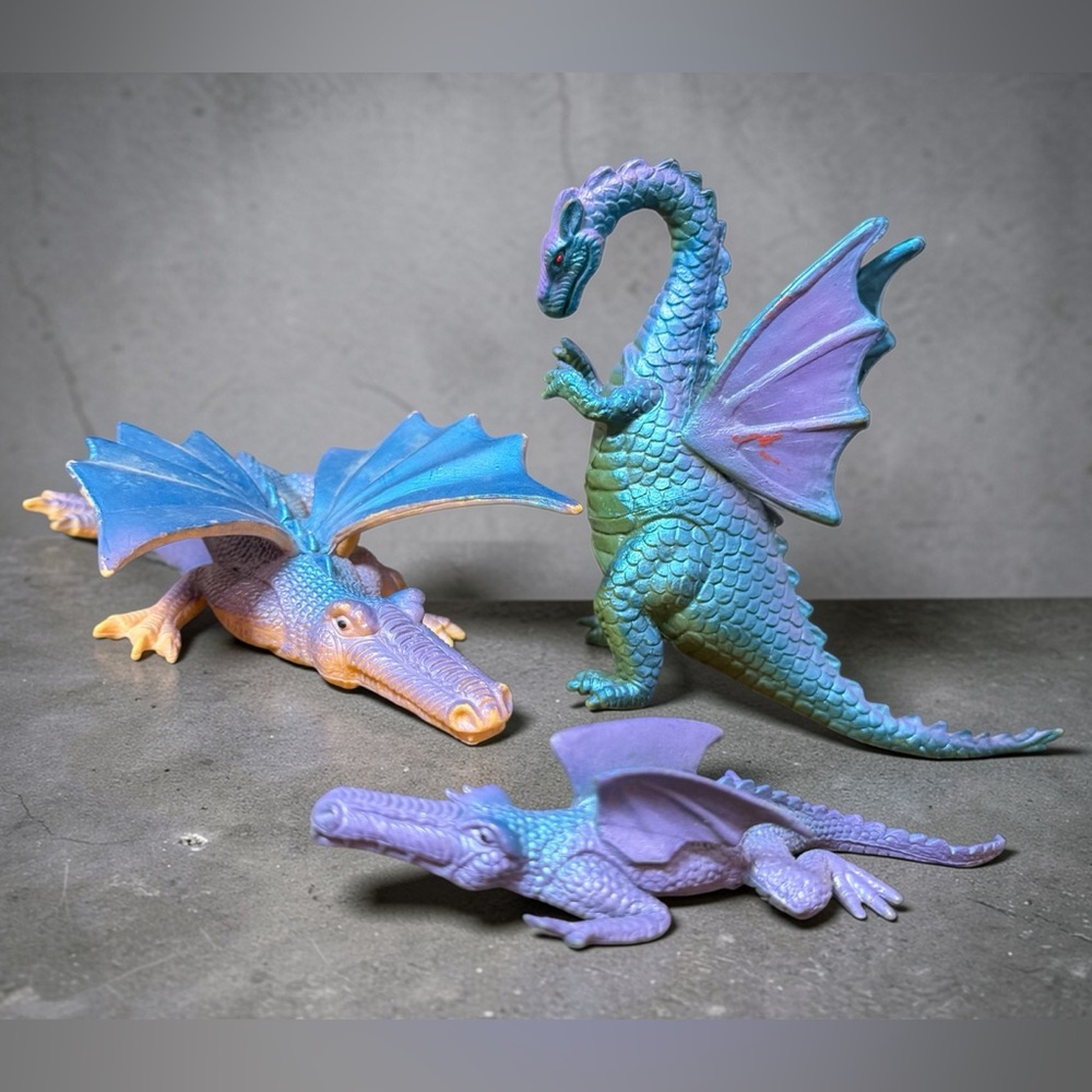 3 Vintage 2000 Winged Dragon Figures Iridescent
